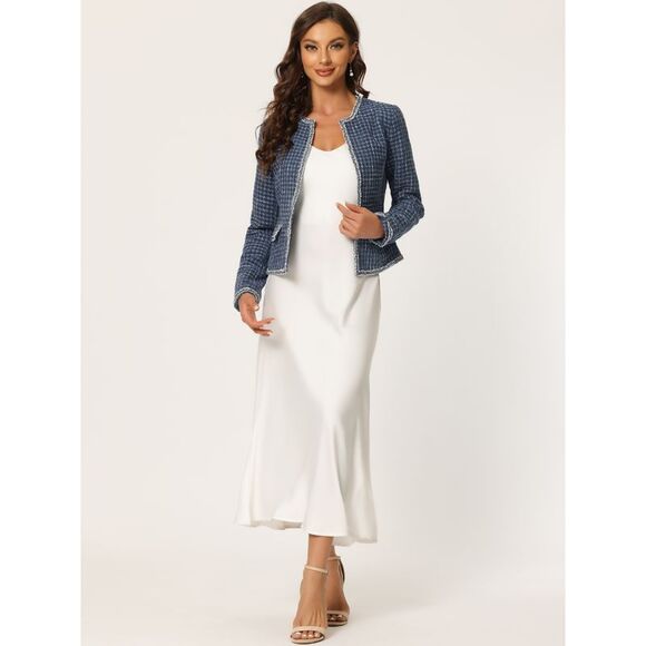 Plaid Tweed Blazer Long Sleeve Open Front Workwear Short Jacket Dark Blue - Picture 2 of 6